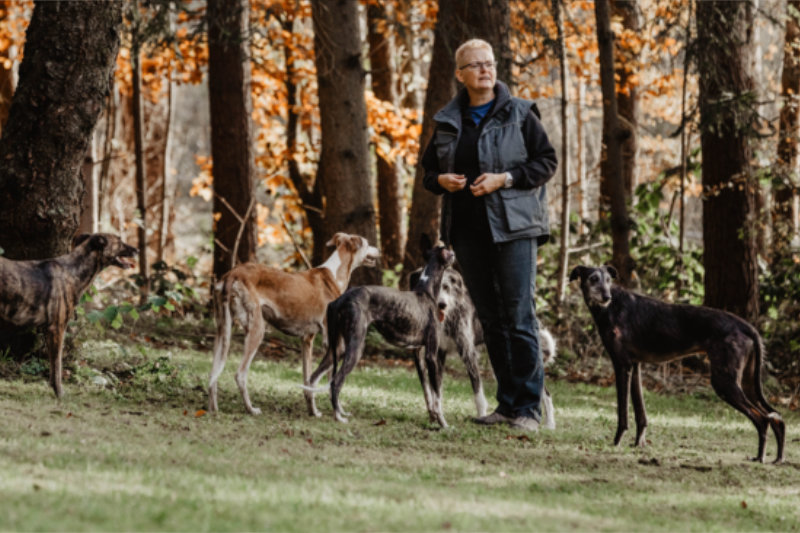 Christine mit Hundegruppe im Wald